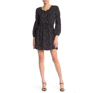 Good Luck Gem Smocked Mini Dress In Black/White Star Print Size M